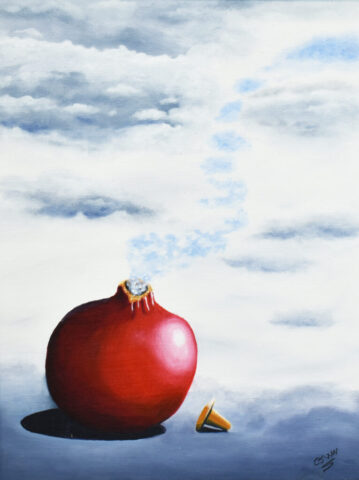 A red seed pod sending blue sky into the air
