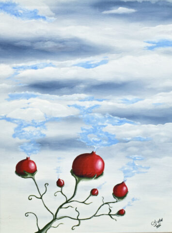 Several red seed pods sending spring blue sky into the air